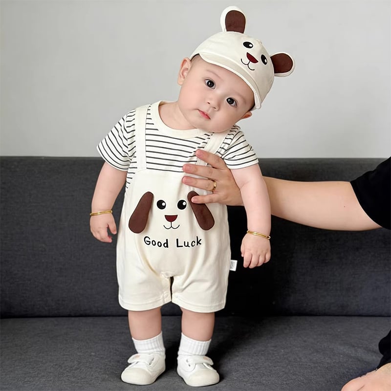 【BABY】夏作フェイクツーウェイボーダー犬耳サロペットロンパース
