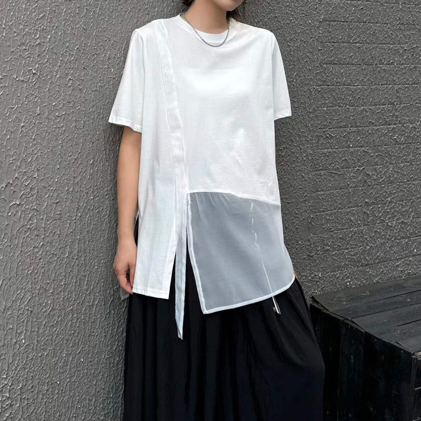ASYMMETRIC ORGANZA PANEL SHORT SLEEVE T-SHIRT M M-17354