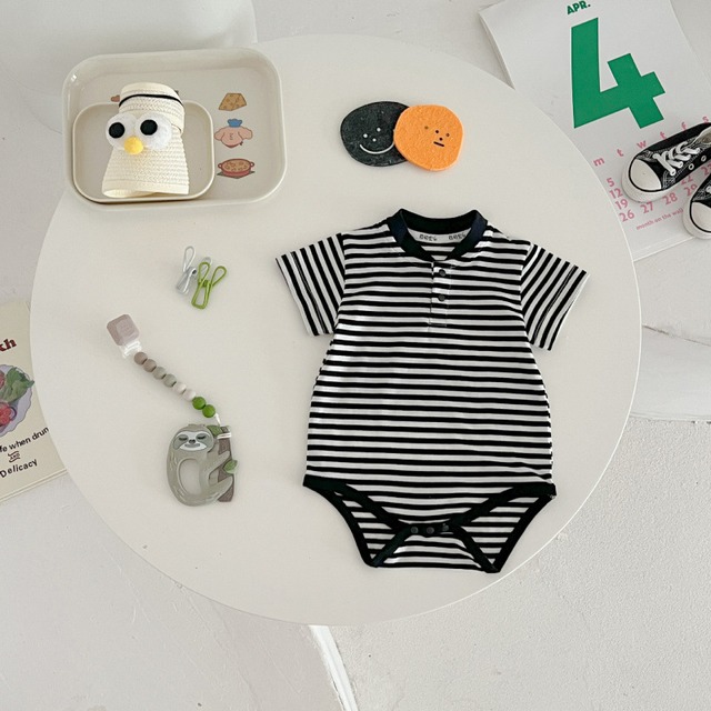 【BABY】ストライプヘンリーネック半袖ボディスーツ - 3