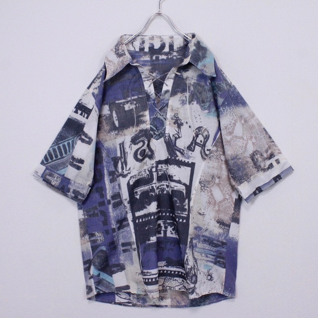 【Caka act2】Artistic Pattern Lace Up Design Vintage Loose Skipper S/S Shirt
