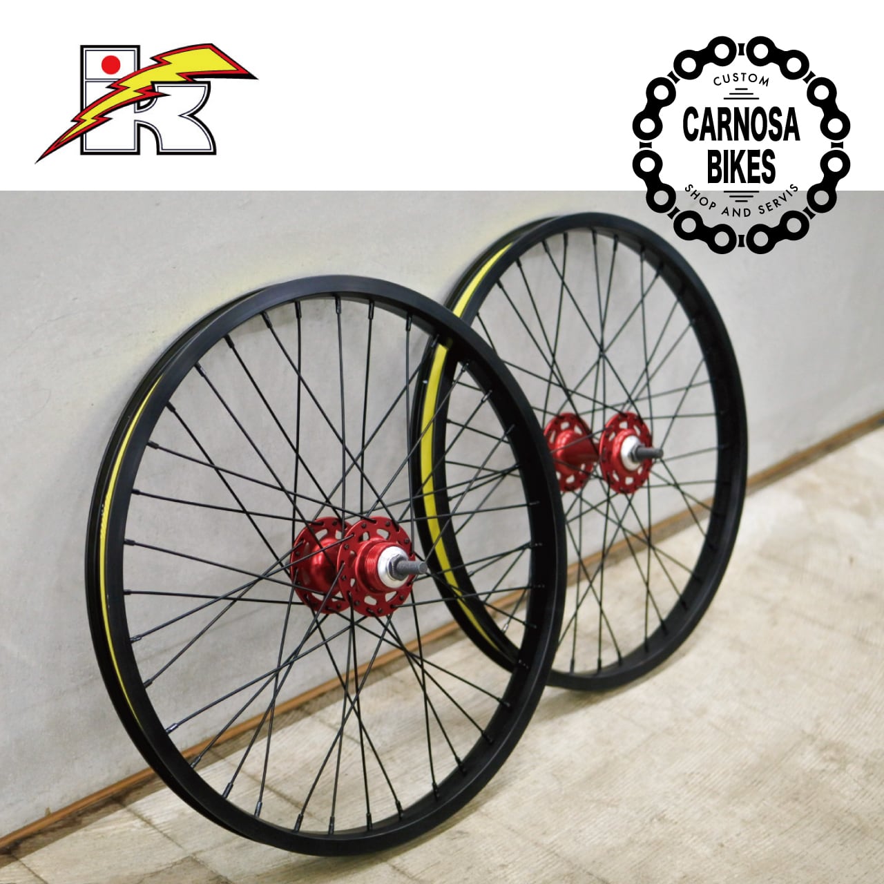 【KUWAHARA】BMX Complete Wheel Set [BMXコンプリートホイールセット] 20インチ Black/Red Hub |  【CARNOSA BIKES】マウンテンバイク&BMX 自転車ショップ powered by BASE