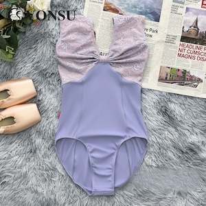 レースリボン キャップスリーブ バレエレオタード(ラベンダー)