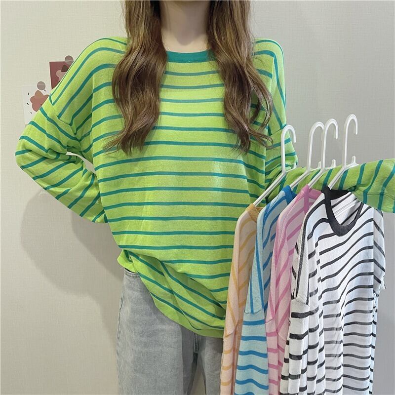 ストライプTシャツ 薄手サマールーズニットトップス ロング 夏物 シルク 1号婦人1664042106