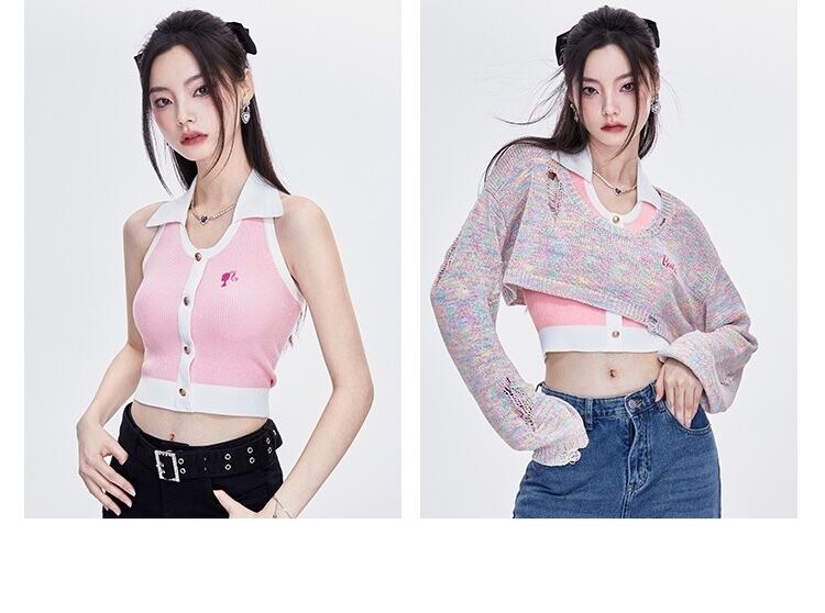 コラボ【トップス】トレーナー ピンク 黒 カジュアル Y2K ストリート