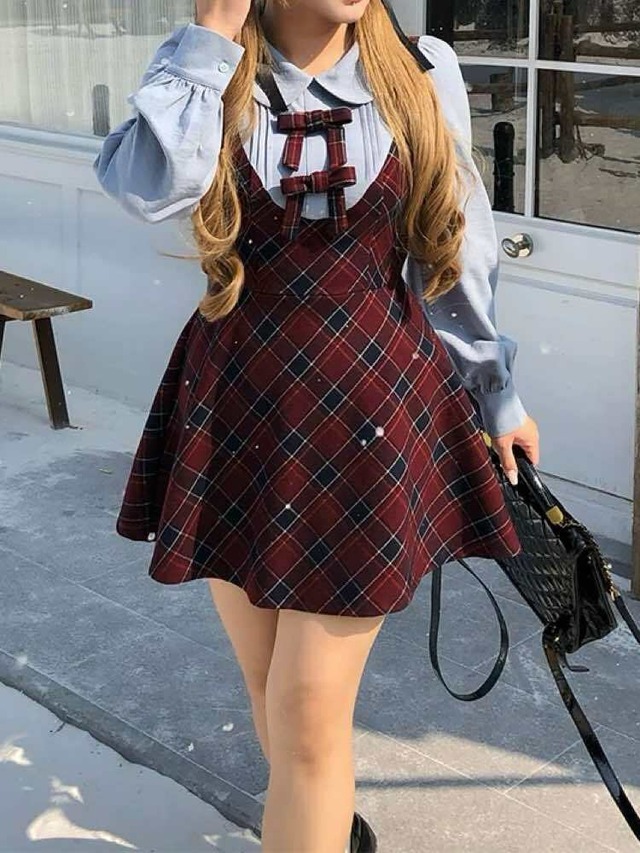 1枚で叶える理想のキュートスタイル 丈が選べる レイヤード風チェック柄ワンピース 大人可愛い チェック柄 おしゃれ 重ね着 ガーリー カジュアル リボン 細見え 脚長 体型カバー 大きいサイズ 韓国 CH11491