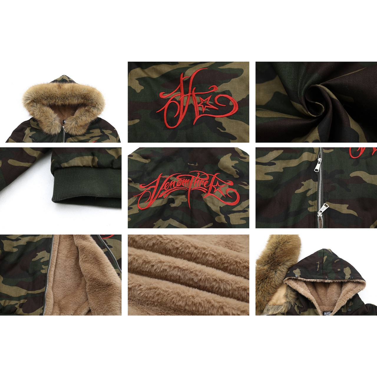 【暖かさUP】ファー迷彩刺繍 中綿ジャケット T1407