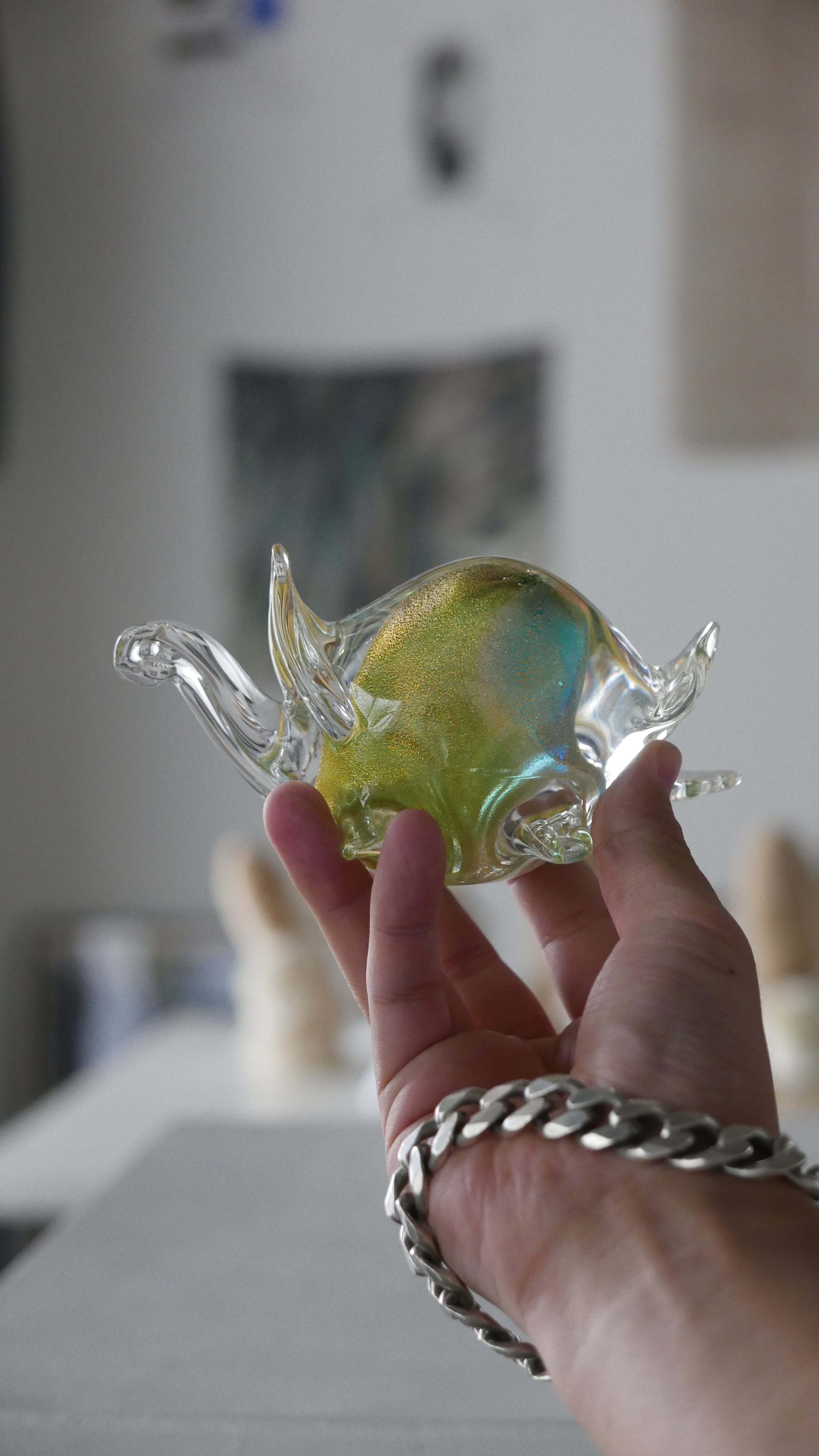 glass object , turtle , lime green × gold
