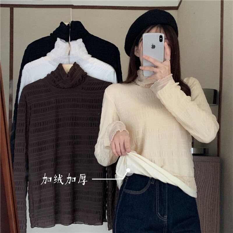 レースシャツ オータムウィンタースタイルベルベットプリーツメッシュトップス ロング 秋物 冬物 萌量不足84015829235