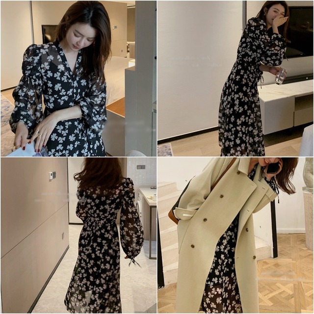 レディース 長袖ワンピース 黒 シースルー クローバー柄 ゆったり きれいめ Aライン ワンピース ミモレ丈 ワンピース ロング ワンピ フローラルリーフ柄 大人っぽい 透け感 清楚 大人かわいい フレアスカート フレア袖 フレアスリーブ バルーンスリーブ 長袖 裏 Add One