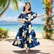 フラダンス 衣装 mmj modernistic エムエムジェイ モダニスティック ワンピース ドレス ネイビー系 日本製 2WAY 花柄 おしゃれ 大人っぽい きれい かわいい 華やか 鮮やか 明るい アロハ ハワイアンプリント フラ ダンス レッスン 練習