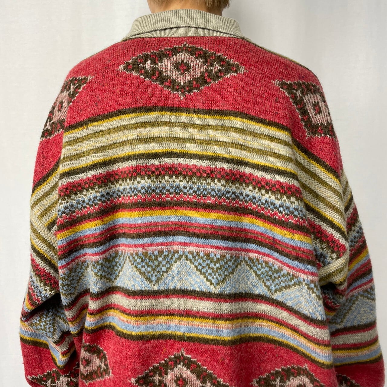 90年代 イタリア製 Indian Ropeman ネイティブ柄 ウール×アクリル ニットポロセーター メンズXL相当 古着 90s