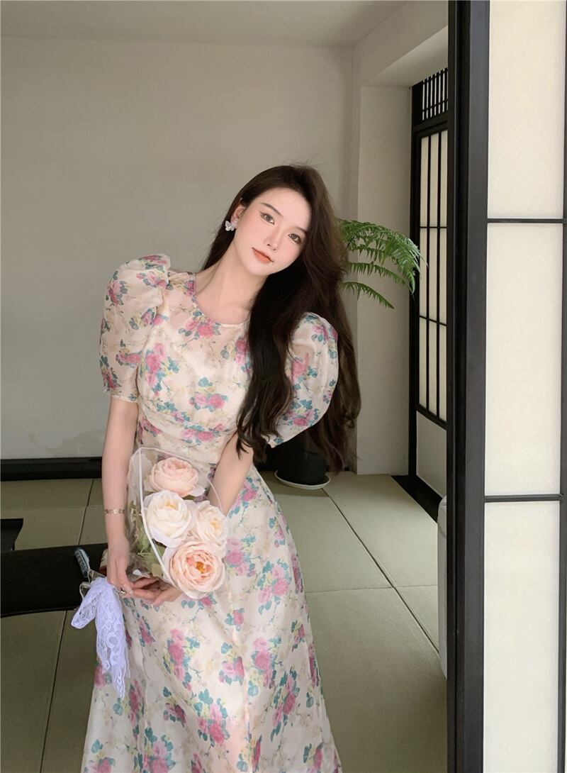 ブラックドレス スリーブウェストシフォンプリントスカート レディース ブラックストロベリース58156837841