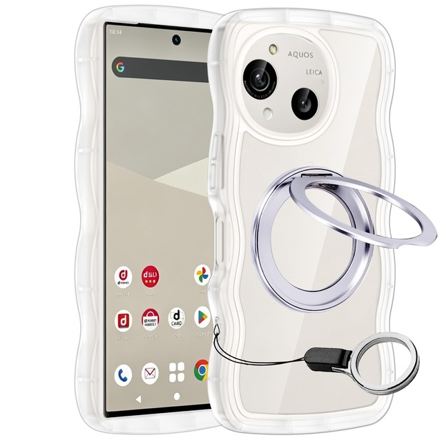 AQUOS R9 SH-51E / SH-M28 AQUOS R10 SH-51F / A501SH / SH-M31 ケース クリア ウェーブTPU シルバー Magsafe対応 360°回転スタンド 縦横両対応 アクオス R9 R10 ケース 透明 耐衝撃 TPU 軽量 薄型 人気 可愛 韓国 透明 滑り止め 耐衝撃 おしゃれ ストラップホール付き カバー(クリア)