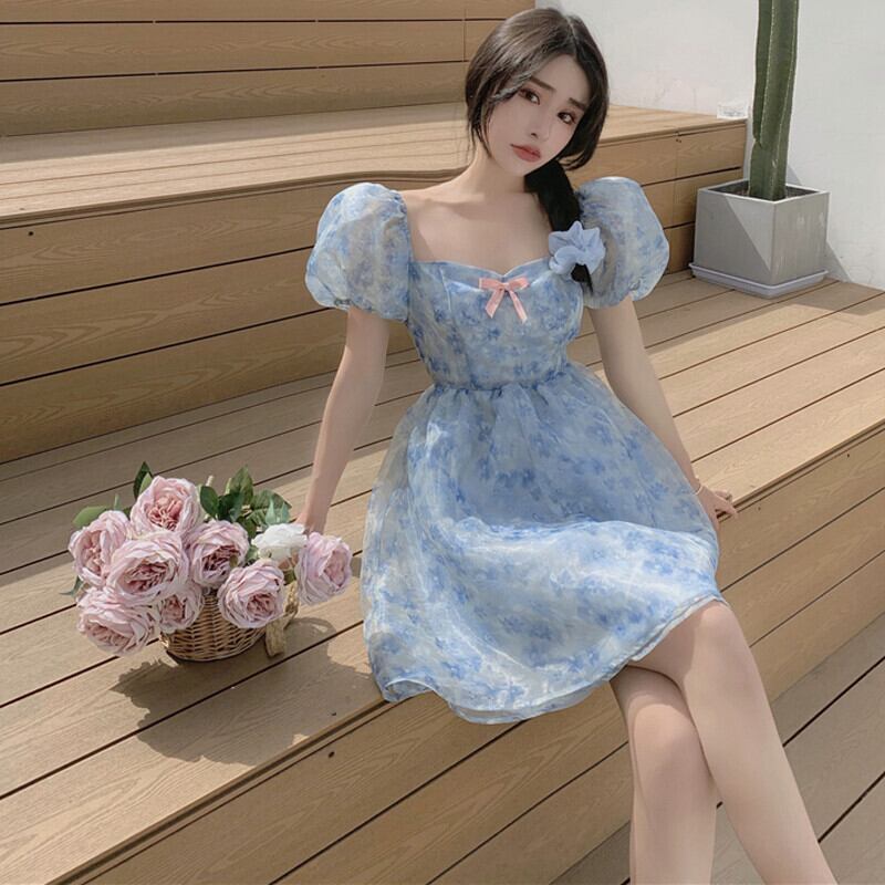 ドレス サマースリーブウェストフローラルスカート 大人ガーリー スウィート キュート カジュアル ふわふわ 夏物 花柄 ガールズファッション53995829542