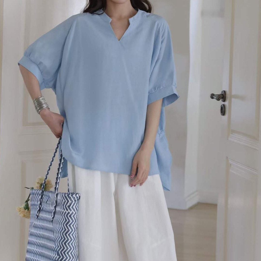 RELAXED BATWING SLEEVES V-NECK TIE BACK SHIRT M-17288