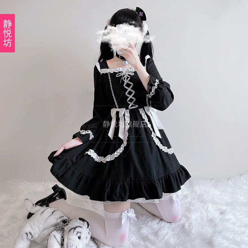 8992ロリータ服　ロリィタ　黒　ドレス　レディース　衣装　可愛い　洋服　少女風　Lolita　ワンピース　長袖