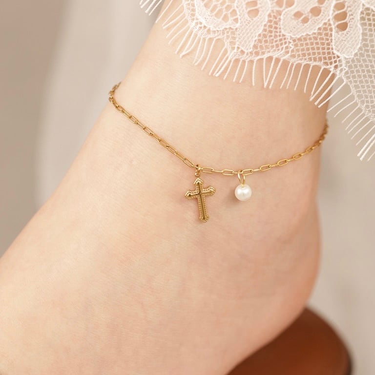 spring sale 限定】316L cross & pearl anklet #a17 | apire