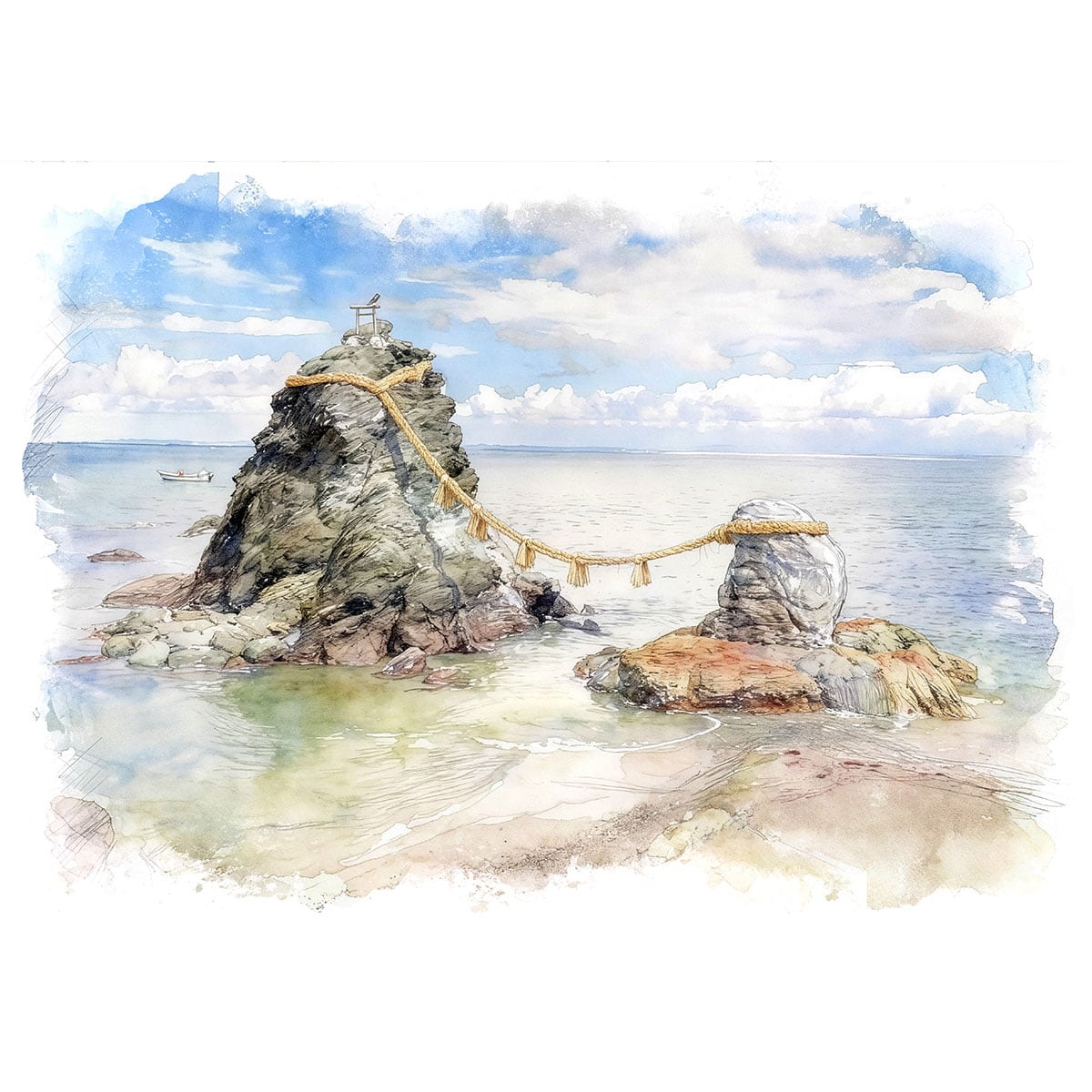 絵画 風景画(街並み) 日本 三重県伊勢市 二見興玉神社の夫婦岩