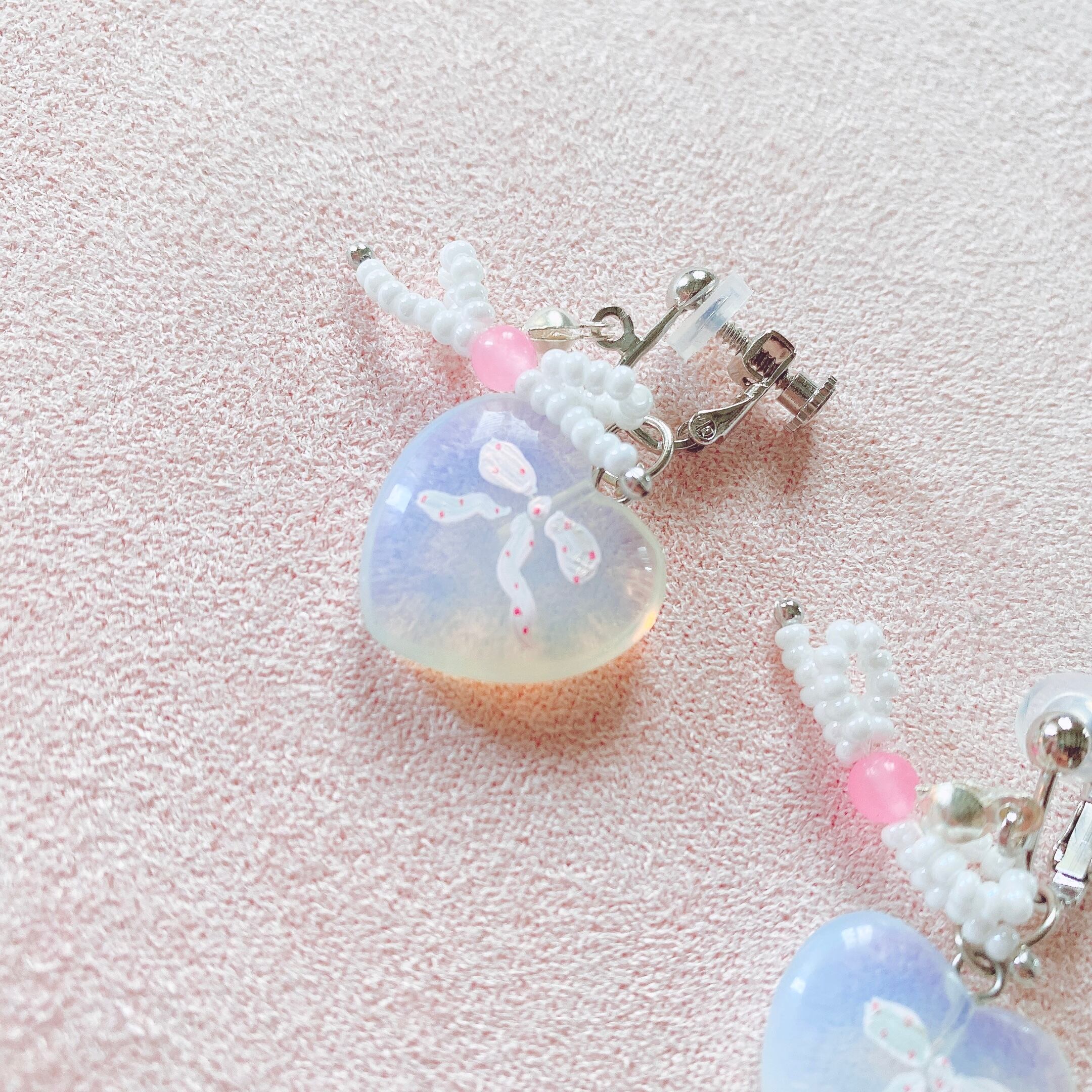 天然石×handpaint リボンリボン耳飾り