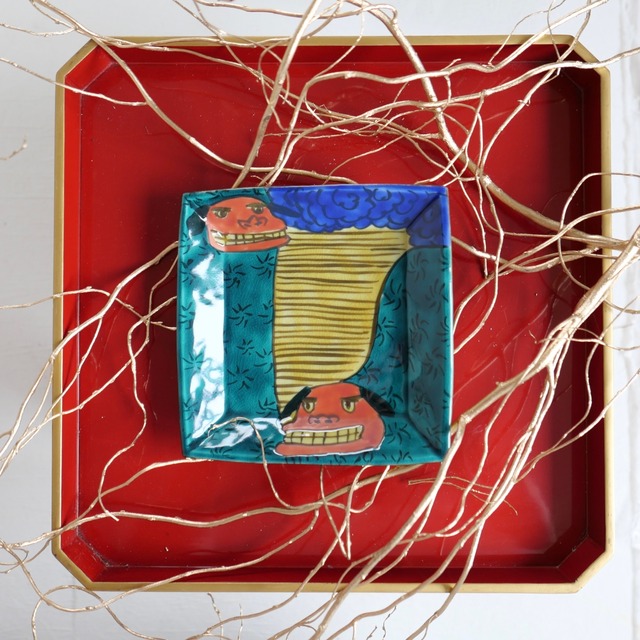 村田菜穂美作　色絵おしし文 15cm角皿　［2104130001437］