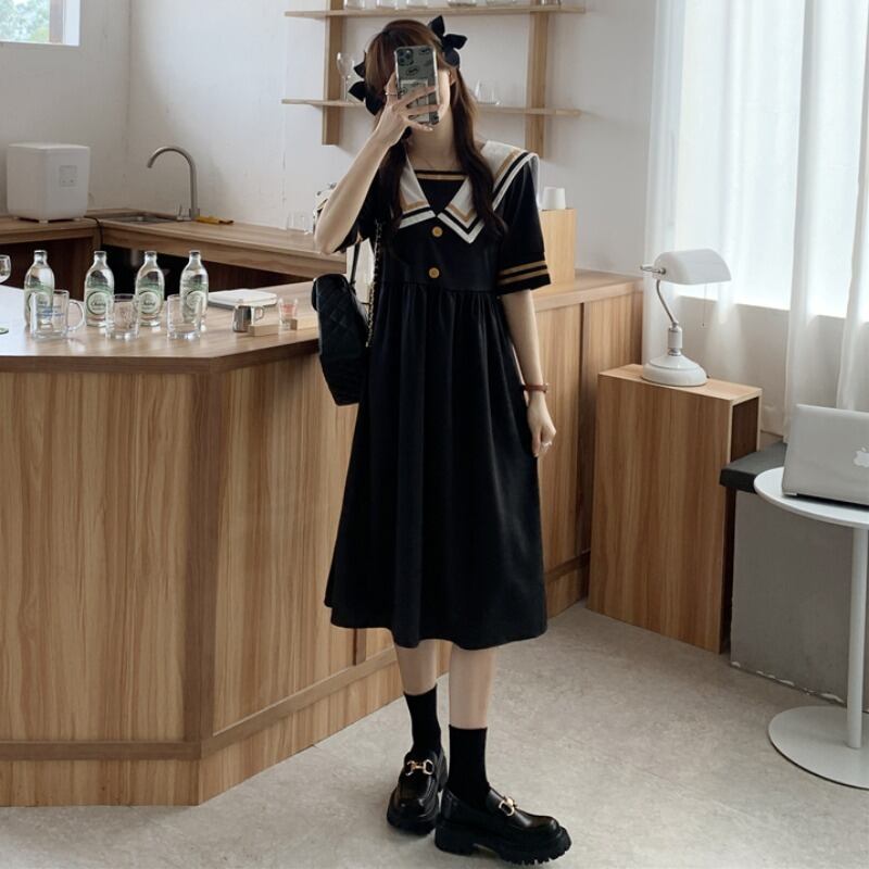 サマースカート ドレス スタンダードネイビーカラーウェスト レトロ 夏物 1号婦人61918144094