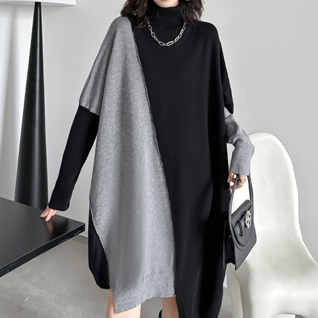 Asymmetrical Turtleneck Knit Sweater Dress / アシンメトリー タートルネック ニット セーター ドレス ワンピース