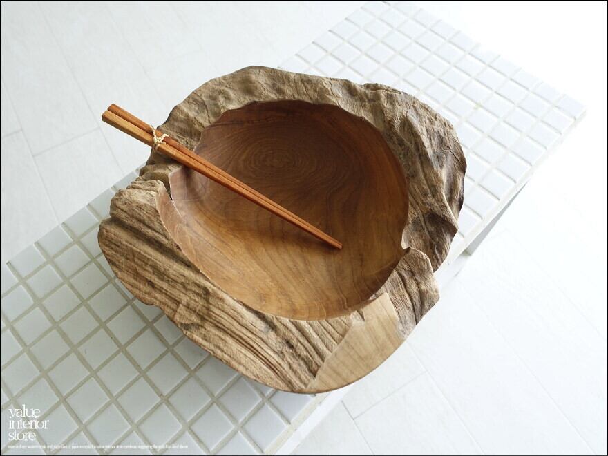 チーク無垢材 プリミティブトレイ / Φ27cm サラダボウル 入れ物 大型食器 自然な様 ナチュラル 世界三大銘木