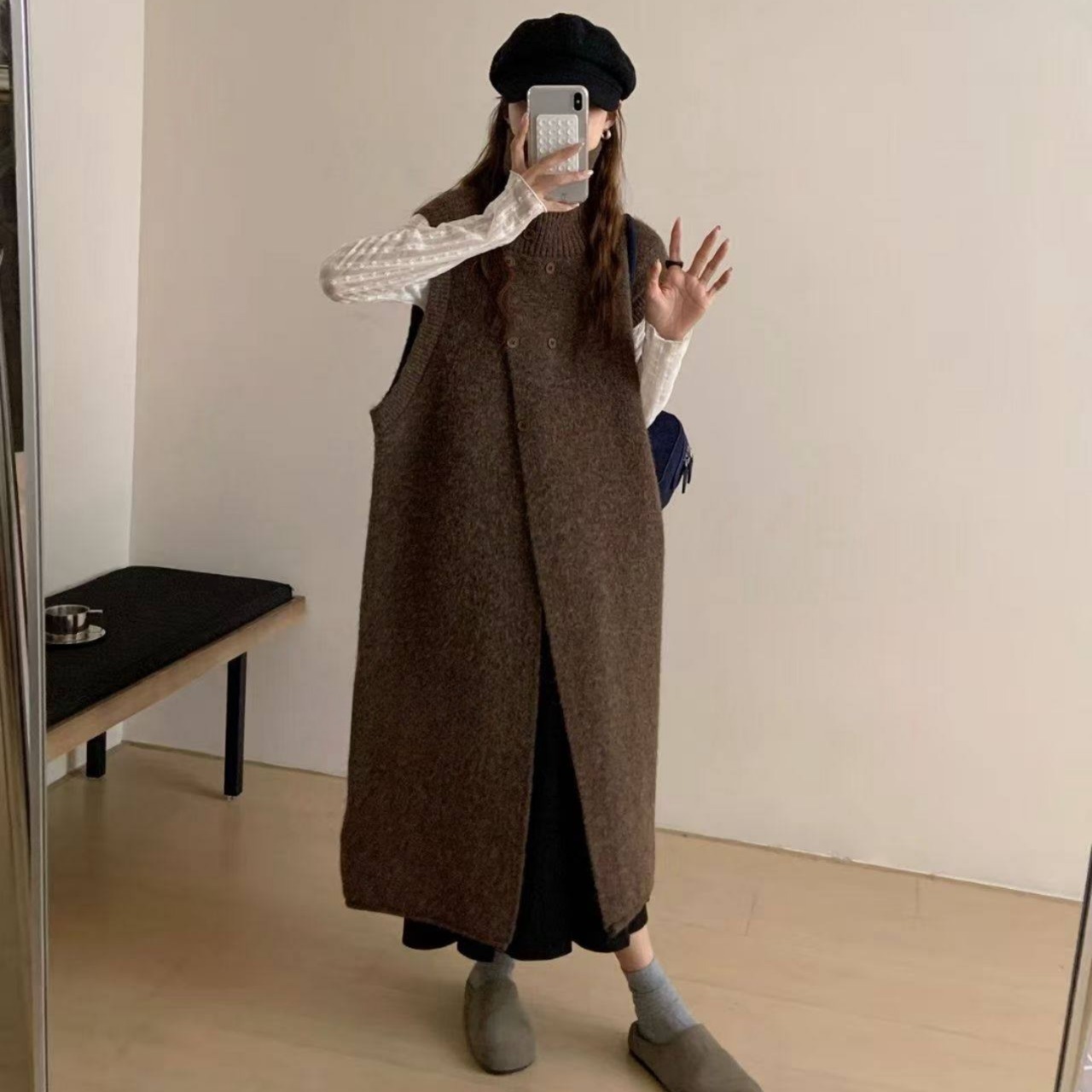 Long sleeveless high neck knit vest (ME204)