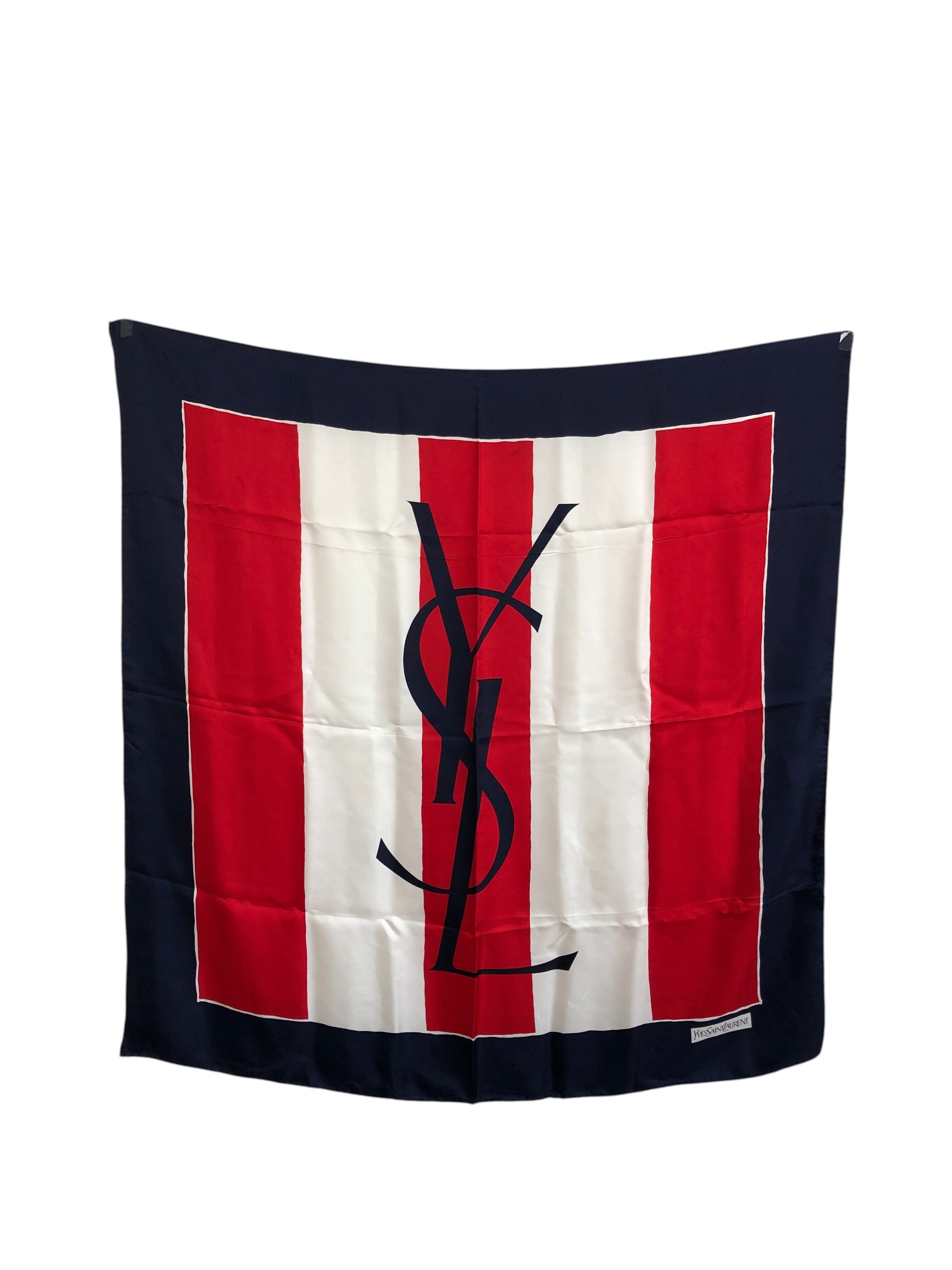 Yves Saint Laurent イヴ・サンローラン スカーフ ネイビー レッド YSL シルク100% vintage ヴィンテージ オールド 8bb6cj