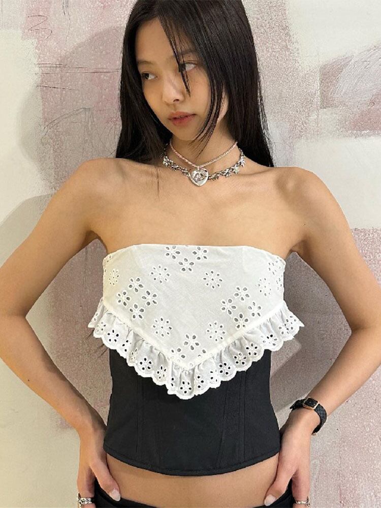 【新作】【送料無料】 TARUXY スプライスレースクロップトップス女性ボディコンセクシーなオフショルダーノースリーブタンクトップ女性のクラブスリム中空アウト服 2023 01335417091