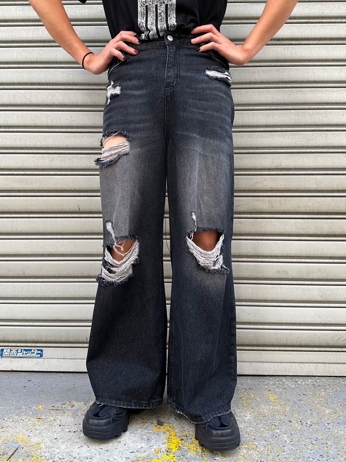 【PLANET STUDIO】damage wide denim pants
