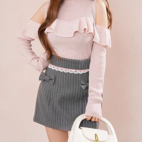 ストライプ柄レースリボンスカート ・74941