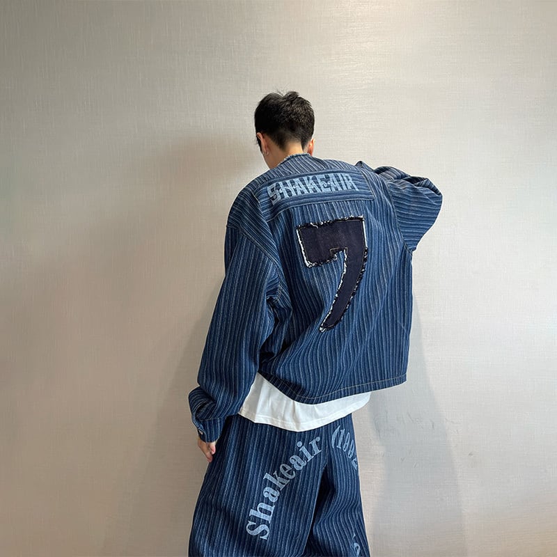 dannyandzeeウォッシュノーカラー縦縞デニムジャケット | mblueshop