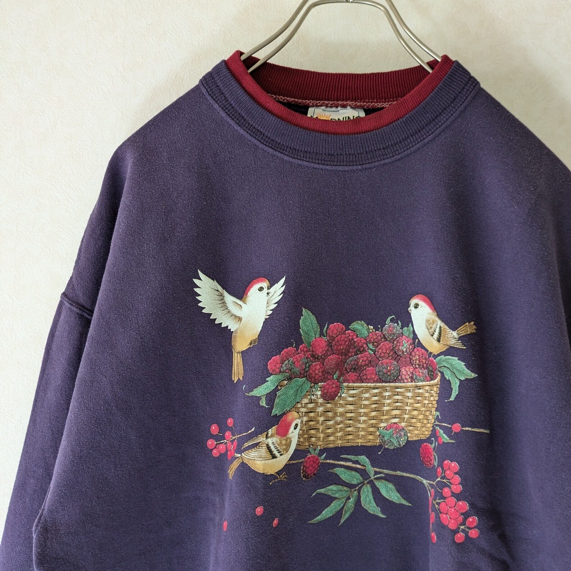 90s【Morning Sun】ビンテージスウェット 鳥とベリー 紫×エンジ 90s【Morning Sun】ビンテージスウェット 鳥とベリー 紫×エンジ