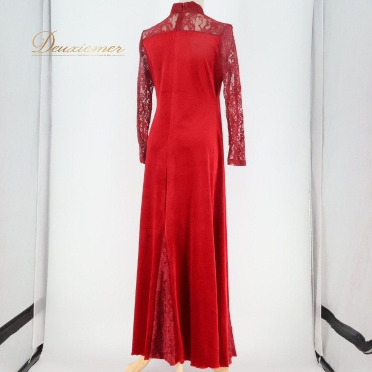 フラダンス 衣装 ワンピース ドレス エミカ レッド系 Emika ワンカラー ベロア レース タートルネック 無地 シンプル 上品 高級感 豪華 綺麗 大人 セクシー 華やか 鮮やか かわいい ハワイアン アロハ フラ ダンス レッスン 練習 レディース