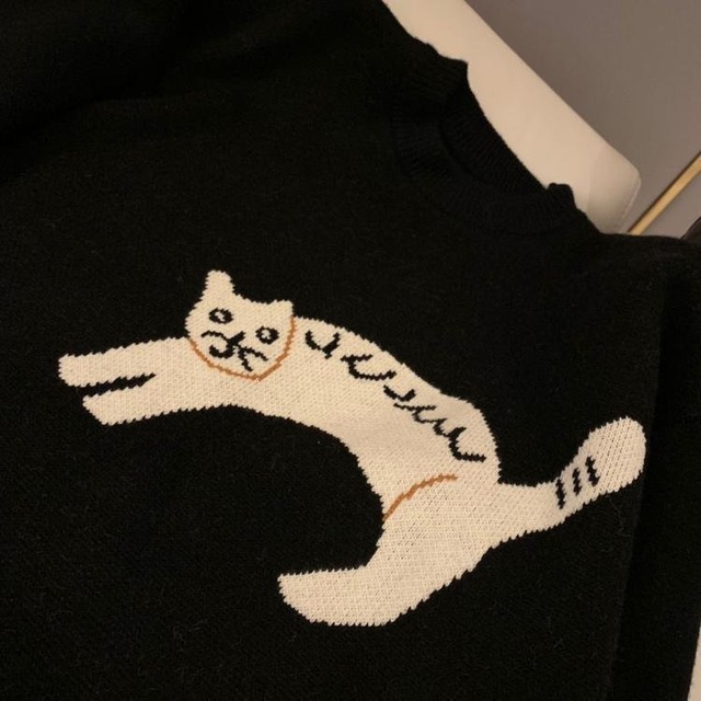 ニット セーター ねこ アニマル柄 ネコ柄 長袖 オーバーサイズ 猫好き 韓国 トップス 動物 きれいめ | cospa!fashion