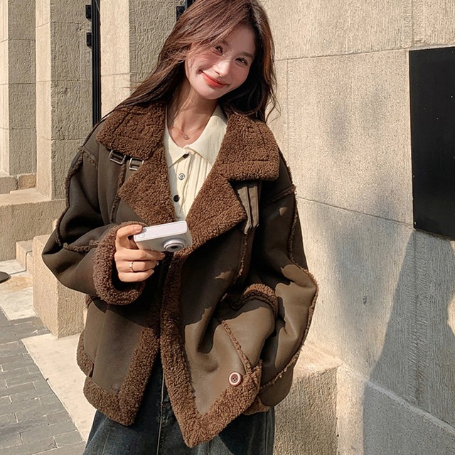 秋冬 レディース ジャケット ボア付き ショート丈 コート ブラウン