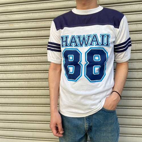 80s USA製 ナンバリングフットボールTシャツ ハワイロゴ 88 白 紺 M