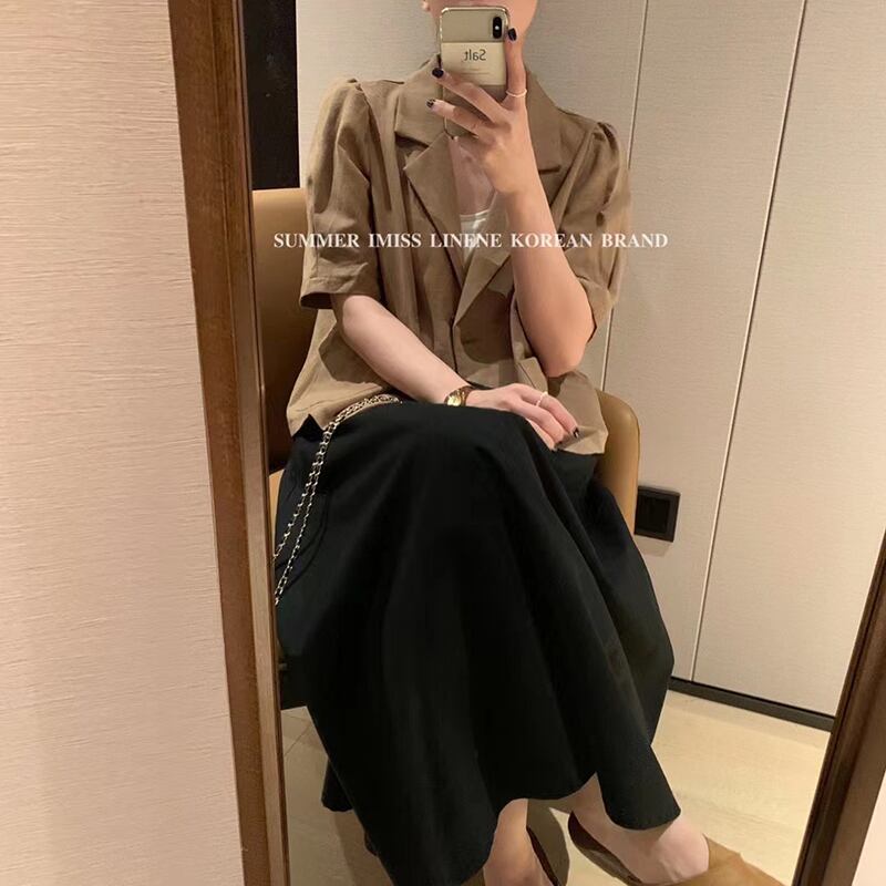 カラーショートジャケット サマーポケットソリッド スリーブトップス 夏物 ソリッドカラー ビッグFスモールZ韓国5129468726