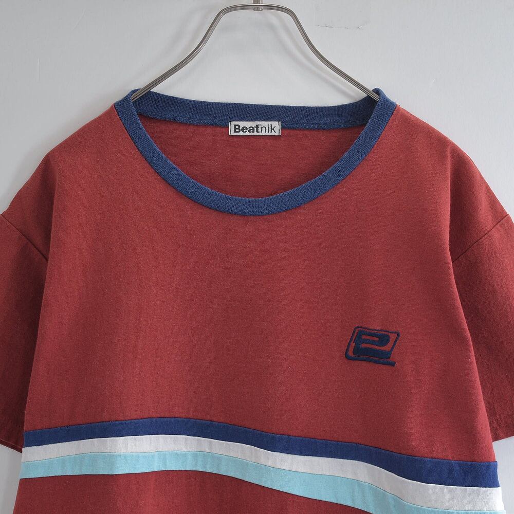 90s~ 英国製 Beatnik ロゴ刺繍 ボーダー 切替 デザイン Tシャツ ヴィンテージ 半袖 サーフ スケート ストリート カットソー ビンテージ USA アメリカ古着 メンズL相当