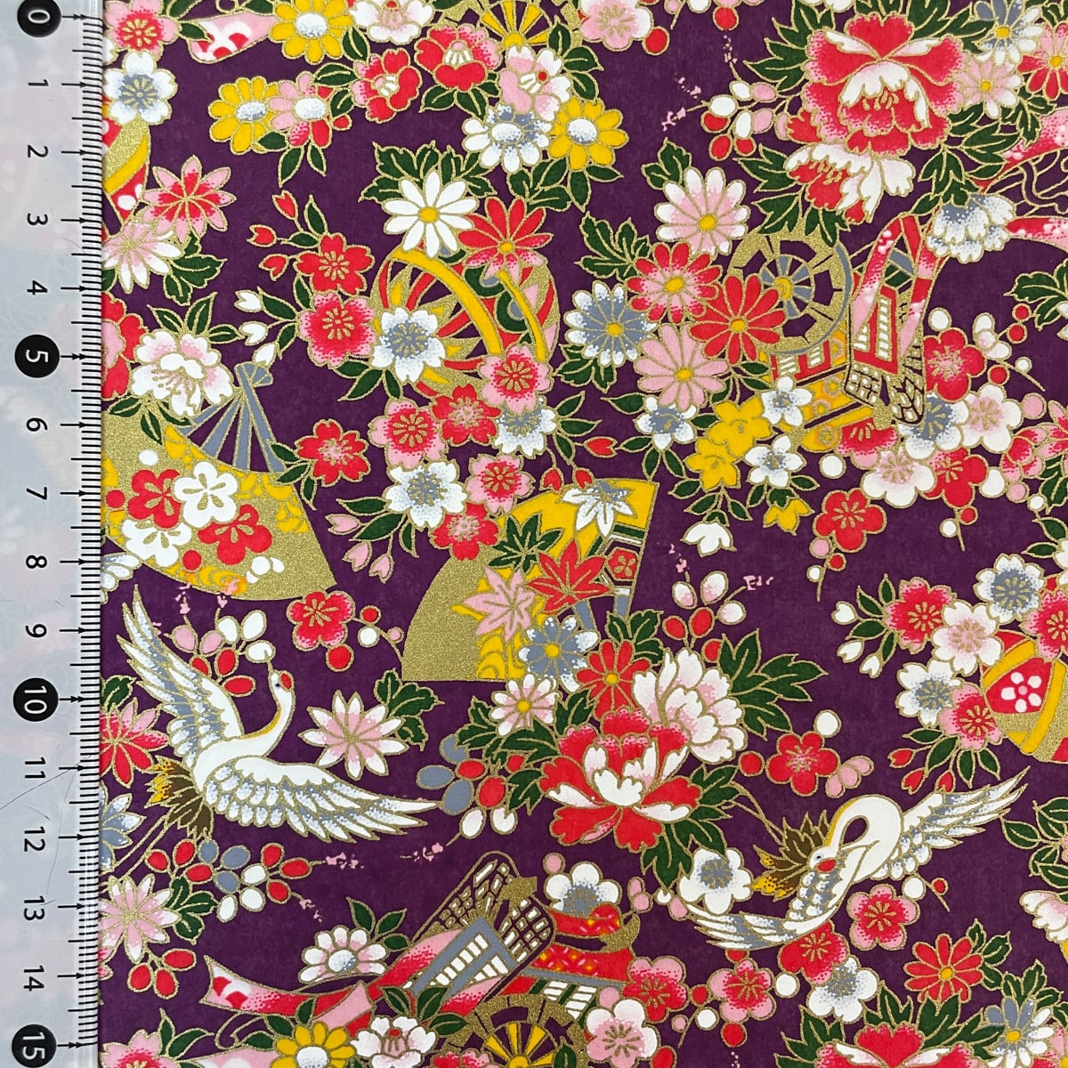 友禅和紙 豪華 鶴と扇 御所車 古典柄 牡丹 桜 紫 大判 約63x93cm