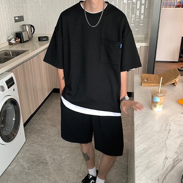 【予約販売】メンズ セットアップ スエット 無地 ワッフル生地 上下 半袖Tシャツ ハーフパンツ ストリート ブラック/グレー 部屋着 韓国 ジム スポーツウエア カジュアル 春 夏 大きいサイズ M/L/XL/2XL