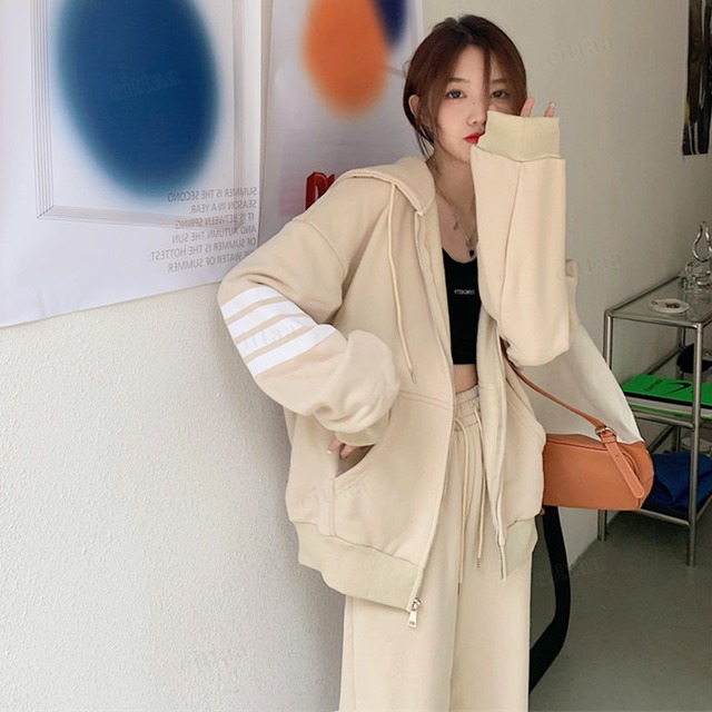 ★予約★D-814　2026新作♡【上下セット】袖ラインジップアップパーカーセットアップ　アプリコット