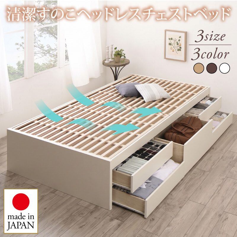 国産 清潔すのこ ヘッドレスチェストベッド Renitsa レニツァ ベストセラーモデルマットレス付 セミシングル 組立設置付