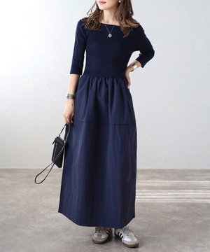 スクエアネックニットコンビコクーンワンピース【w-30237】.