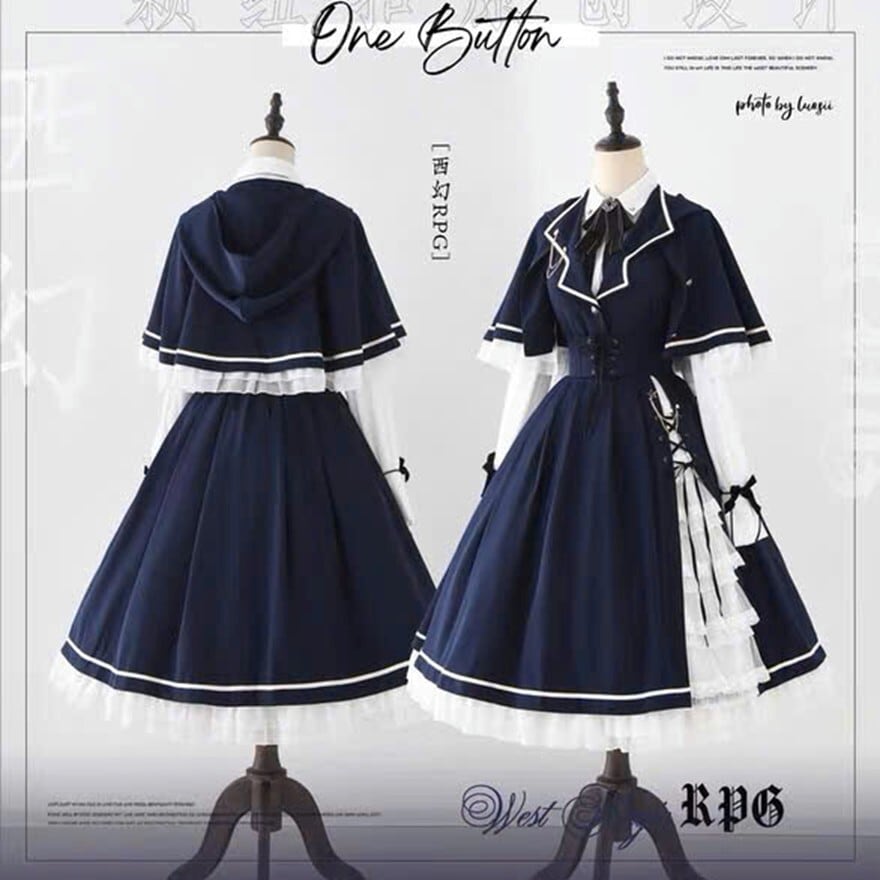 ロリータ 制服 学生服 学園 ケープ コスプレ ネイビー ワンピース M即納】クラシカル 学園風 セットアップ ワンピース ショートケープ