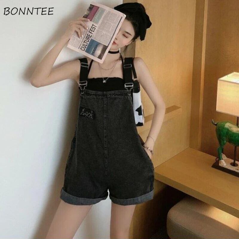 【新作】【送料無料】 ロンパース女性アップリケスタイリッシュなデニムロンパースハイウエストオル学生固体ストレートストリート夏シンプルな新インソフト 0286166432718