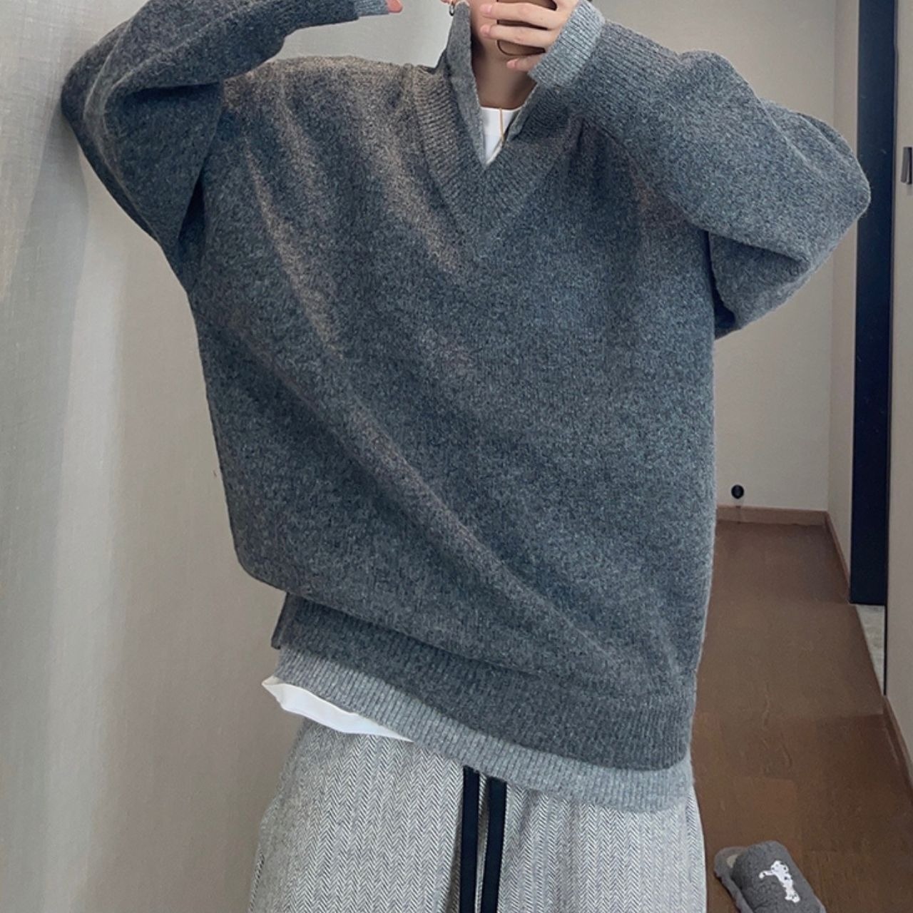 フェイクツーピース V ネックコントラストカラーニット　1041