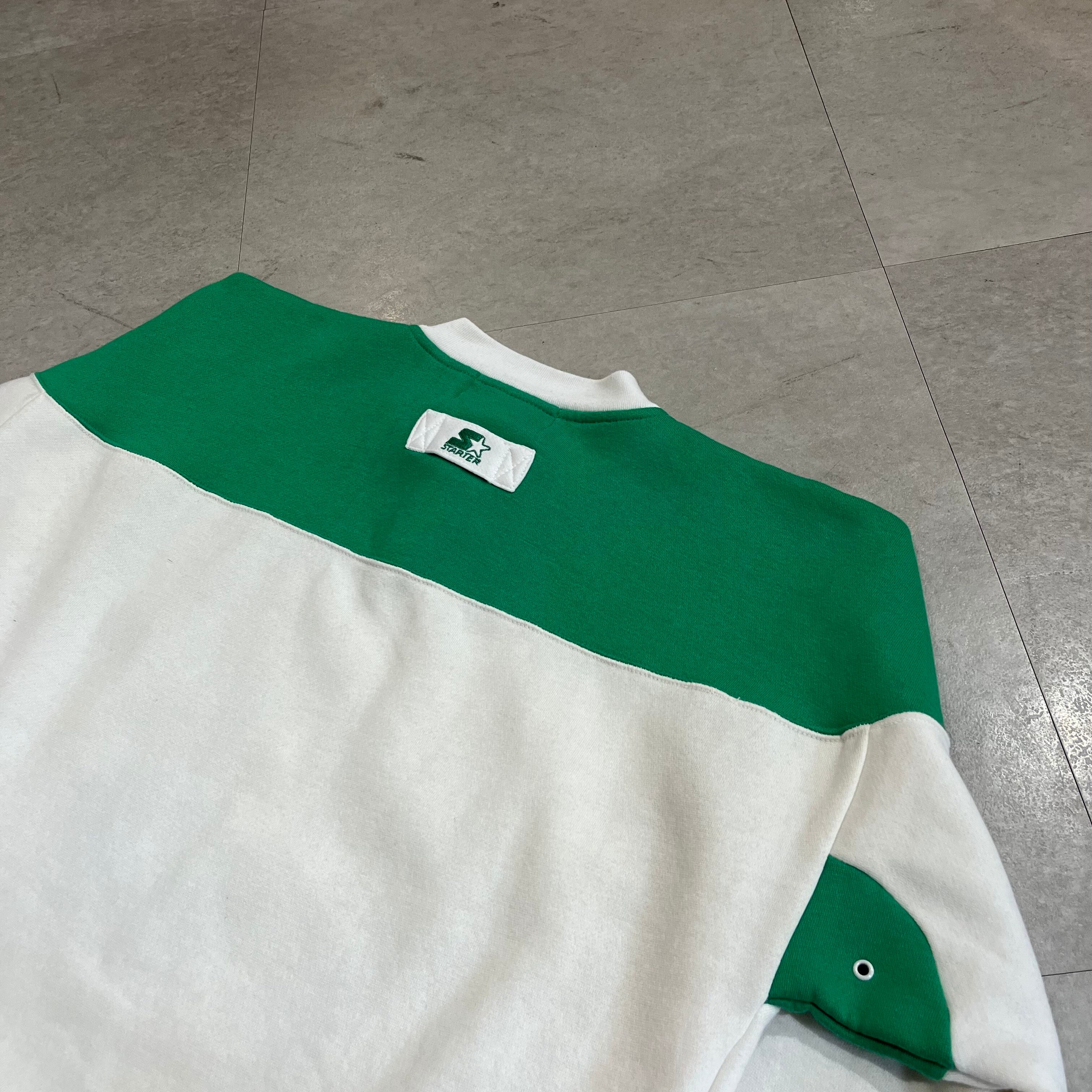 安心の保証付き スウェット 古着 白 緑 オレンジ ワンポイント刺繍デザイン ハーフボタン スウェット