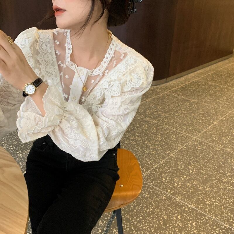 スタンダードレースシャツ トップス レディース ロング レトロ ステッチ ビッグFスモールZ韓国7601114082